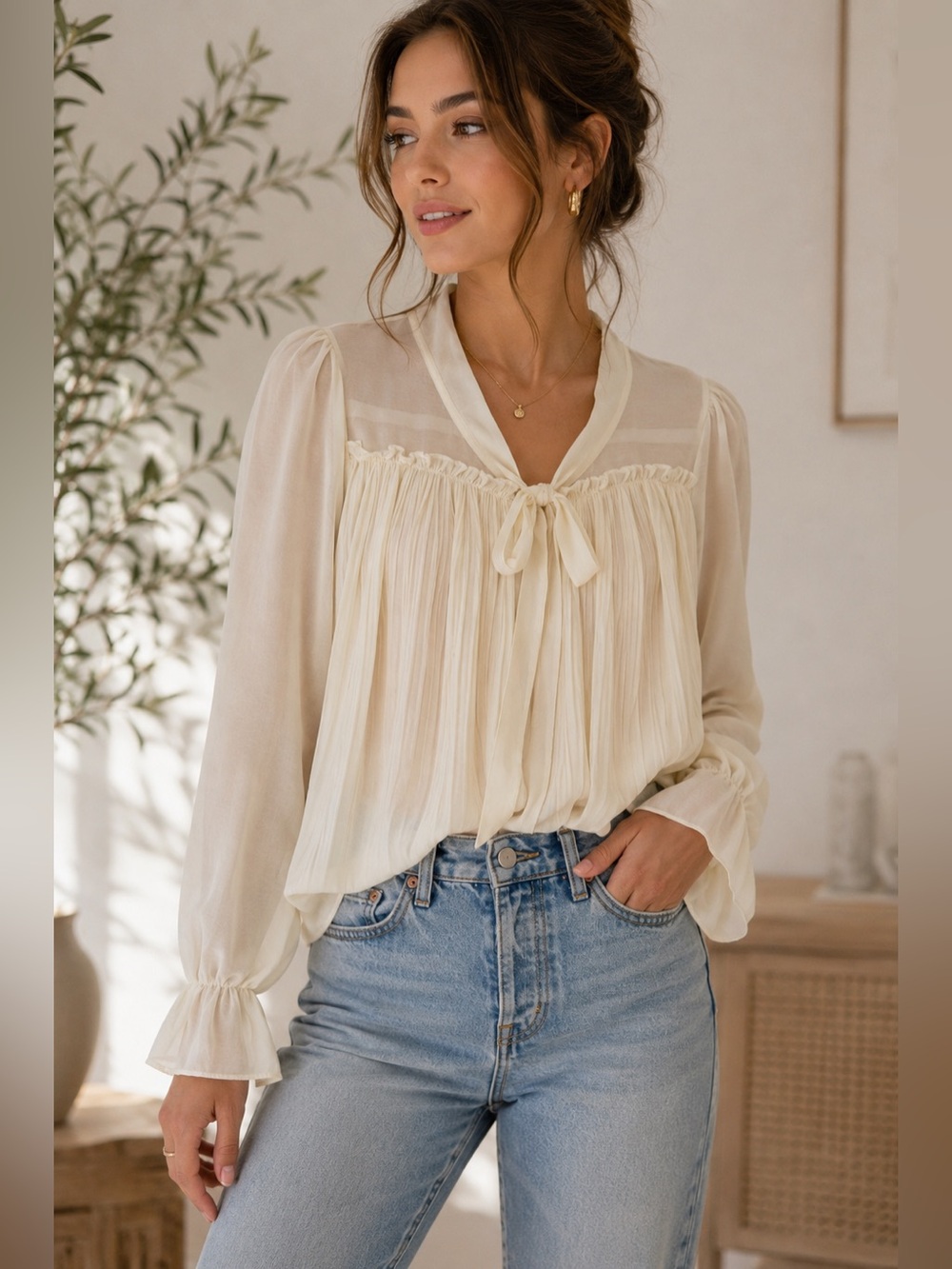 Women's Cream Tie-Neck Pleated Blouse Size S Boho Cottagecore Romantic